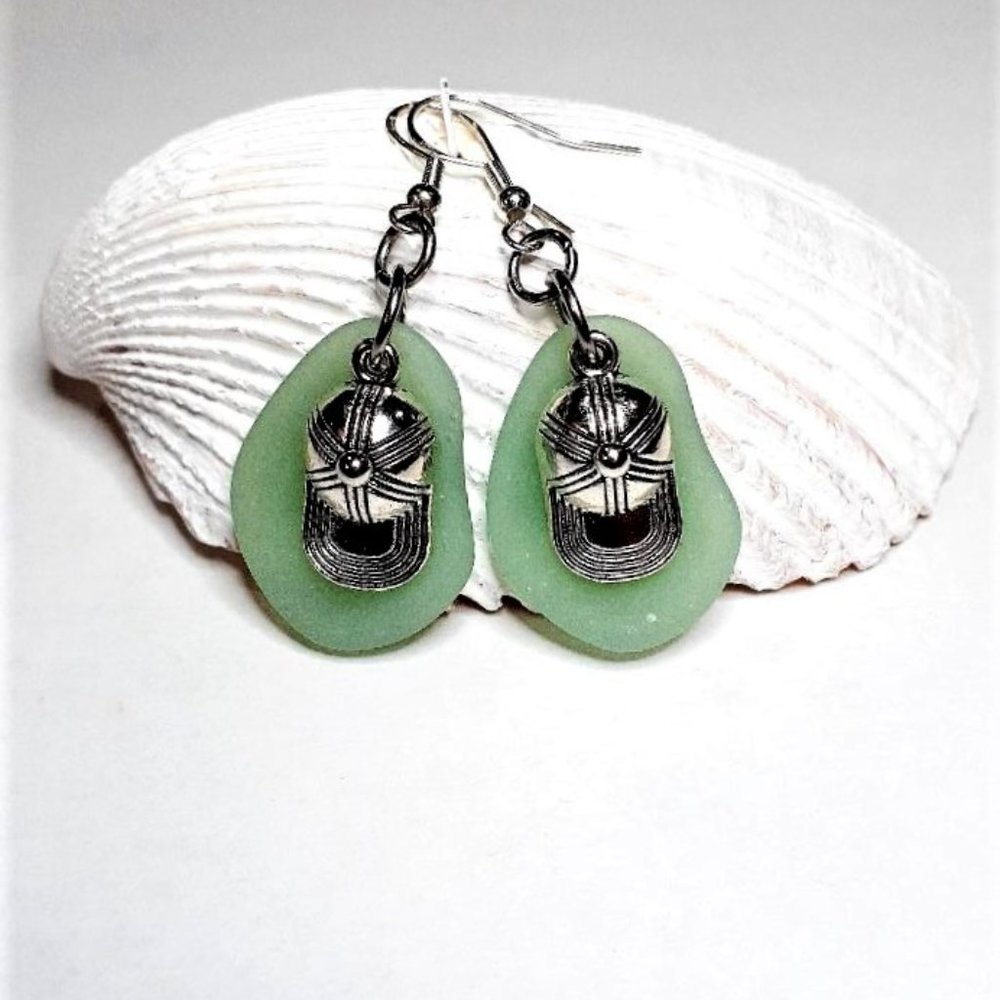 Seafoam Green Sea Glass Baseball Cap Earrings